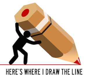 En illustrativ mand tegner en streg i jorden med en kæmpe blyant, for at antyde hvor han sætter sin grænse